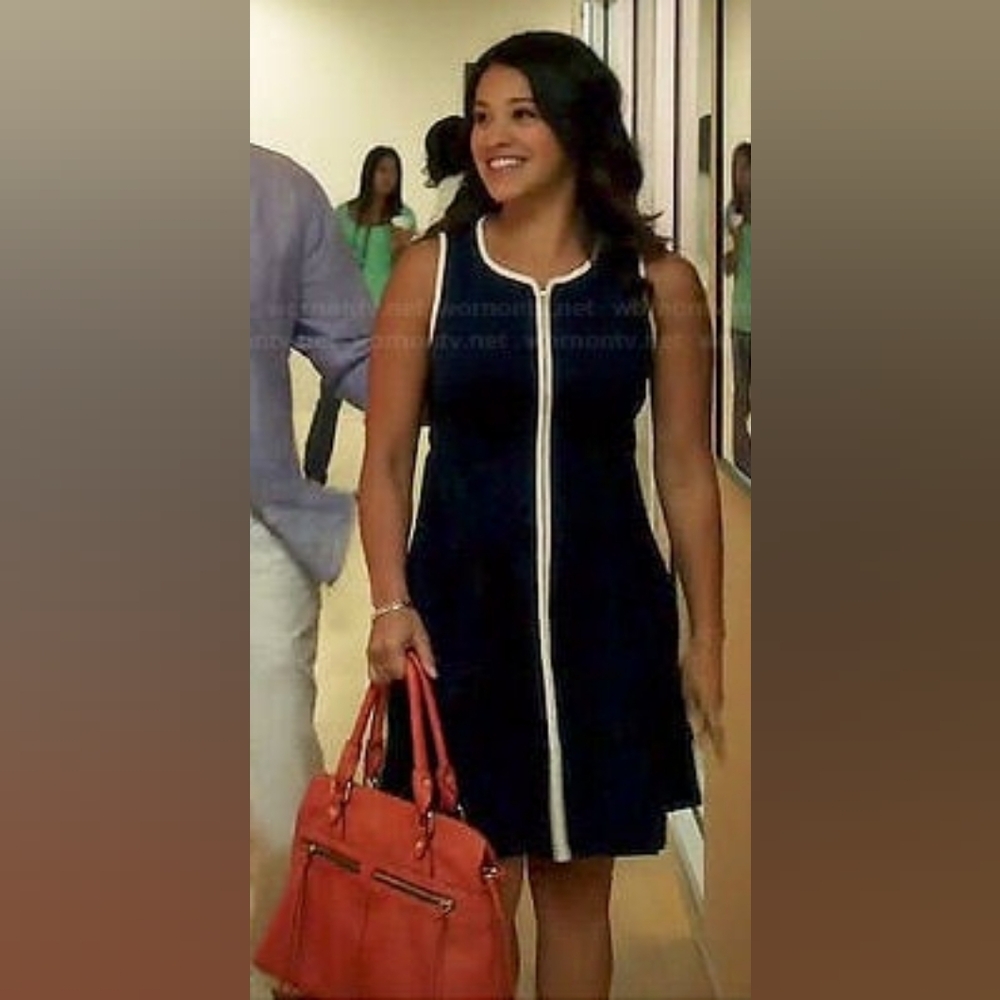 Betsy Johnson Navy Blue Sleeveless Full Zipper Dress with White Trim